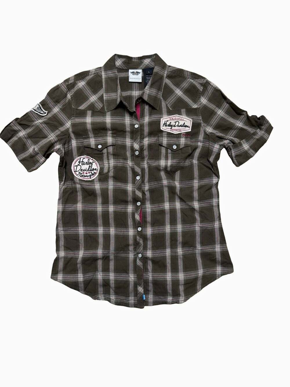 Harley-Davidson Womens L Brown Plaid Short Sleeve Cotton Eagle Shirt